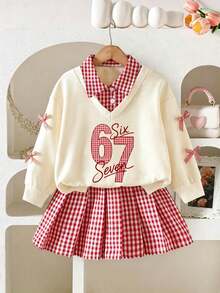 Young Girl Number Print 2 In 1 Long Sleeve Top And Plaid Skirt - Apricot - View 1