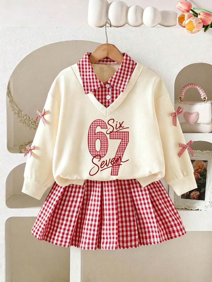 Young Girl Number Print 2 In 1 Long Sleeve Top And Plaid Skirt - Apricot - View 1