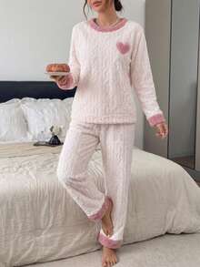 Dreamivo Autumn/Winter Thickened Coral Fleece Home Lounge Set, Embroidered Heart Contrast Color Collar & Cuffs Casual 2 Pieces Set - White - View 6