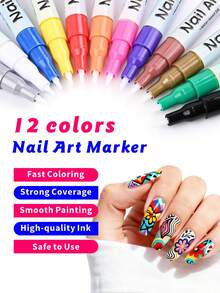 SAUA 12 Colors Nail Art Pens And 12 Reusable Template Stickers Set, Nail Art Pens, Dotting, Doodling And Line Drawing Tools, Nail Design, Home Decor, Christmas Gift, Holiday Gift, Birthday Gift - Multicolor - View 5