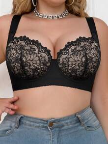 mimilemon Women's Plus Size Floral Lace Underwire Bra, Comfortable Breathable, Push Up Lifting, Widened Shoulder Straps, Wide Bottom Band Full Support - Black and White - View 10