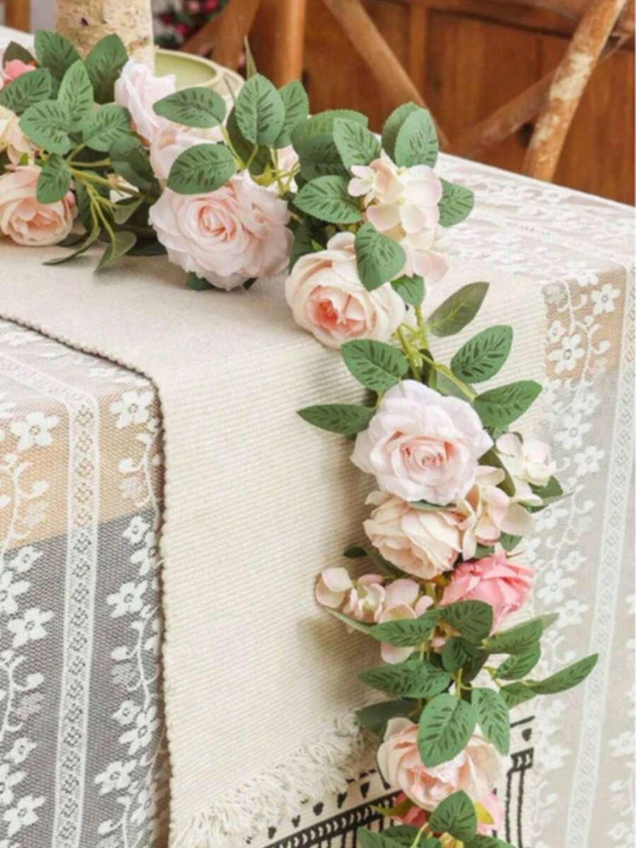 1pc 1.8m Artificial Rose Vine With Green Leaves, Fake Flower Garland For Room, Party, Home, Wedding, Birthday, Christmas Wall, Arch Decoration, Spring Red Flowers - Pinkish White - View 1