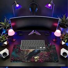1pc Extra Large Extended Mouse Pad With Moon Night Crow Floral Skull Pattern, Soft Cloth Material With Non-Slip Rubber Base And Stitched Edges. Dark Gothic Vintage Floral Bird Realistic Aesthetic Keyboard Pad, Suitable For Gaming, Home Office And Study Scenes. - View 8