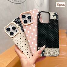 3pcs Black & White Polka Dot Pattern, Large Hole Leather Solid Color Shockproof Phone Case, TPU Material, Suitable As Holiday Gift, Compatible With Apple XS/XS Max/XR/11/12/13/14/15/16 Pro/Pro Max/14/15/16 Plus/17, Unisex - Multicolor - View 3