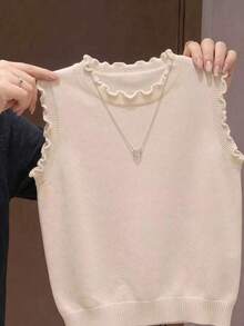 返校季女款學院風純色刺繡 Polo 領針織薄款鈕扣開襟背心，3 件隨機發送 1 件，適合日常休閒，春夏秋季穿著 - 粉色 - 查看 3