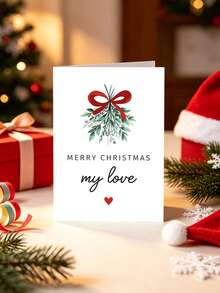 1pc Christmas Card With Envelope - "Merry Christmas My Love" Elegant Mistletoe Greeting For Partners, Loved Ones & Couples, Festive Holiday Gift, Blank Inside - View 3