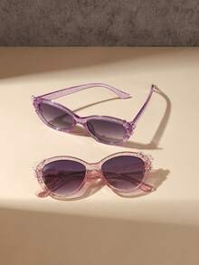 2 PCS Girls 5-9Y Glitter Flower Decor Cat Eye Fashion Glasses Lightweight PC Frame Soft Tinted Lens Casual Sweet For Travel Party With Glasses Box - Multicolor - View 4