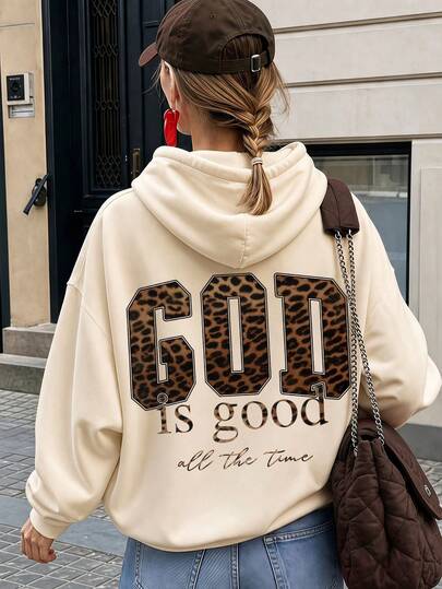 Women's Casual Leopard Print Letter Graphic Sweatshirt, Thermal Lined Warm Sweatshirt For Vacation, Outings, Gatherings, Autumn/Winter Women's Clothing, Women's Long Sleeve Pocket Casual Sweatshirt