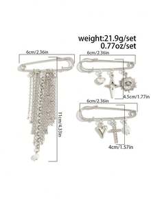 3pcs/Set Bohemian Style Geometric Shiny Star, Heart, Cross Pendant Long Chain Tassel Brooch Pin, Fashion Elegant Vacation Party, Daily Casual, Street Photography, Wedding Banquet, Women Couple, Holiday Birthday Versatile Charming Jewelry Brooch Gift - Brooch - View 4