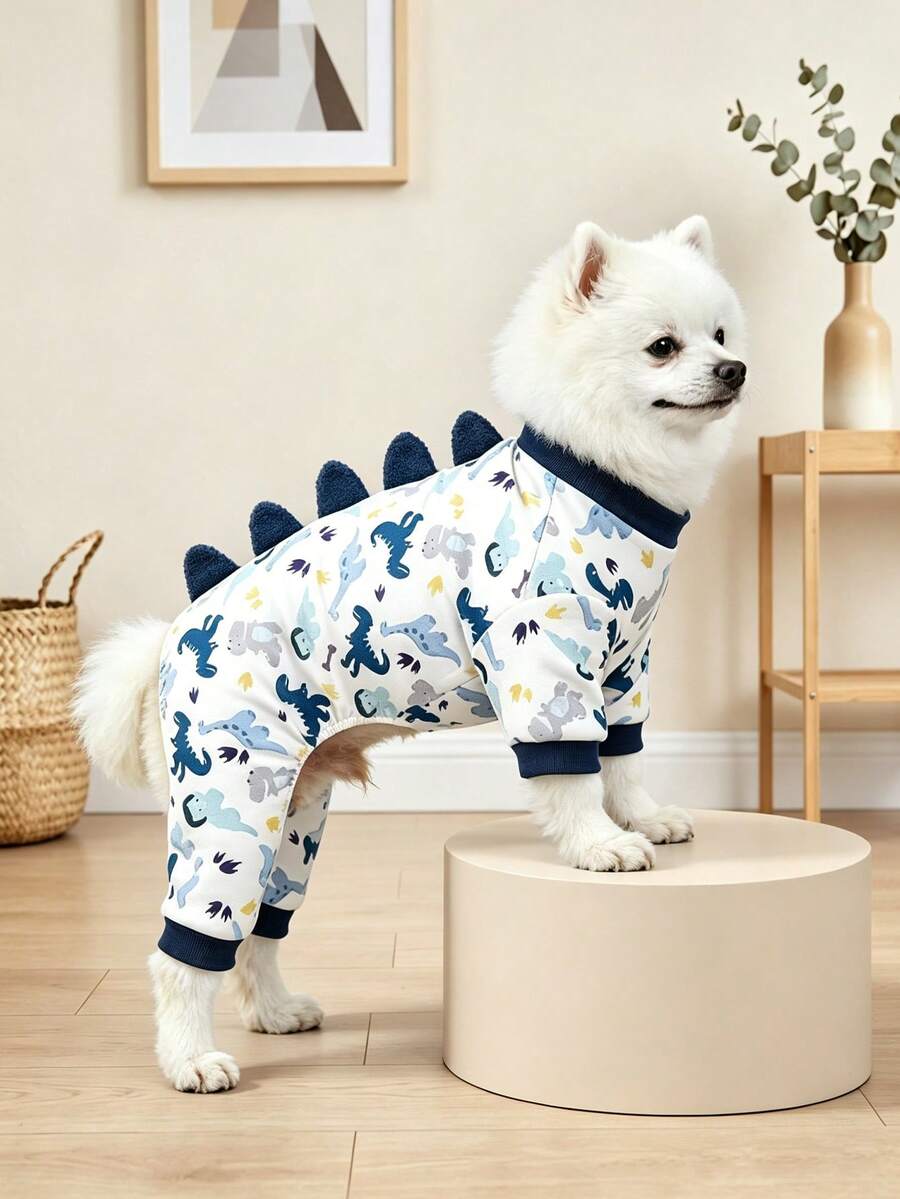1pc Cute Dinosaur Pattern Dog Pajamas, Cartoon Print Pet Sleepwear, Medium Elasticity Soft Anti-Shedding, Suitable For Small And Medium Dogs