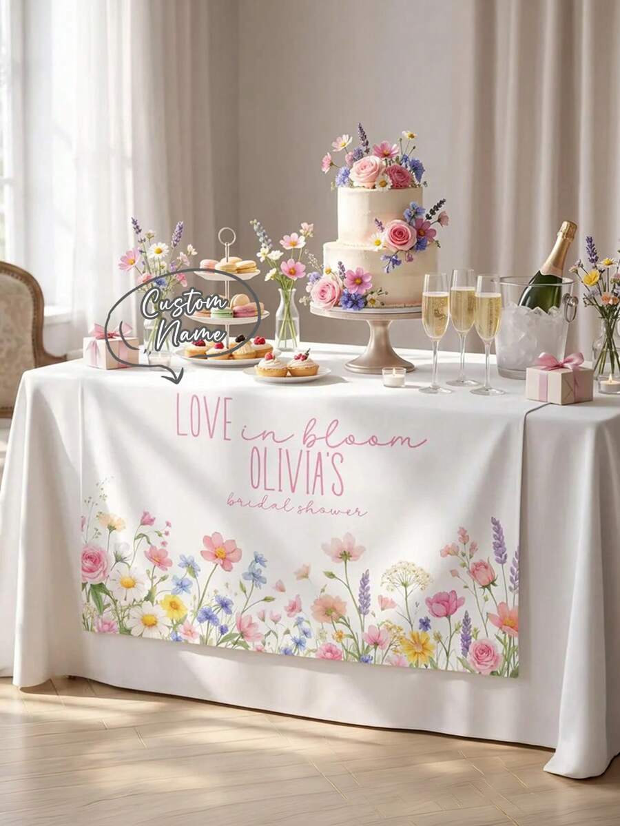1pc DIY Customized Name Wildflower Floral Bridal Party Tablecloth, Blooming Floral Pre-Wedding Banquet Dessert Table Decor, Wedding Banquet Long Table Cloth Fabric Decoration - Multicolor - View 1