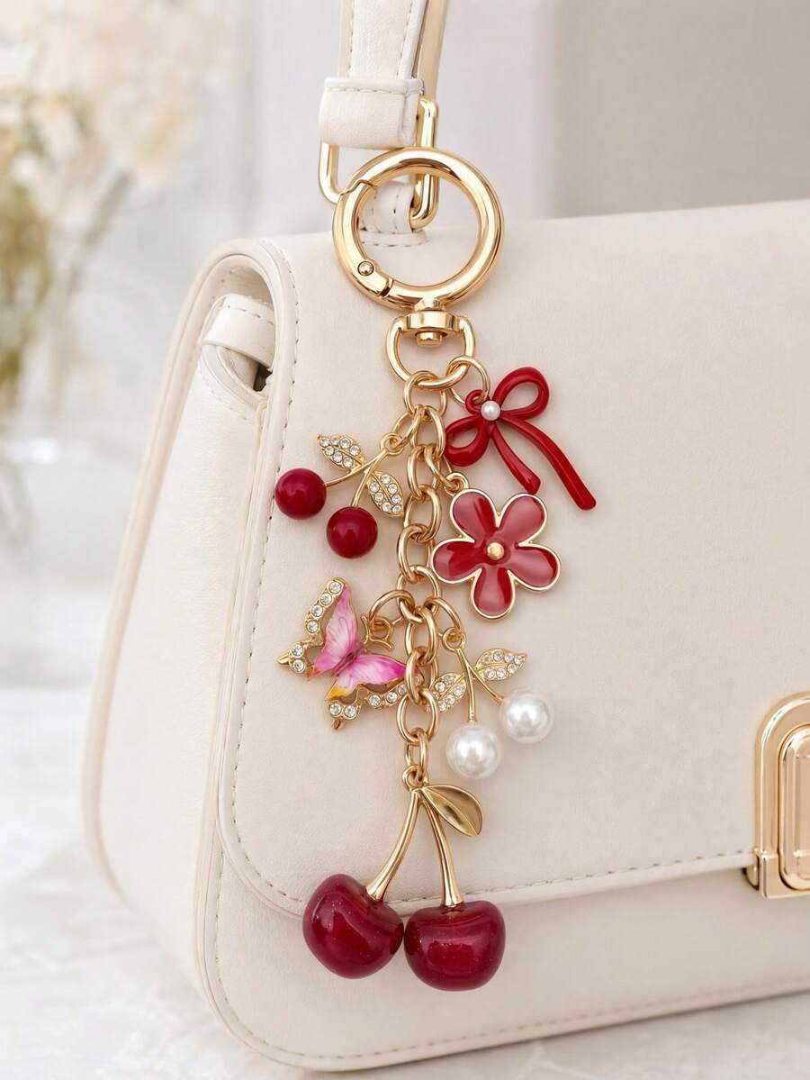 1pc/2pcs, Charming Pink Glitter Cherry Butterfly Pendant Bag Charm, Women's Handbag/Backpack/Shoulder Bag Accessory, Women's Travel Essential Keychain, Car Accessory, Room Decor, Back To School Fun Gift For Friends - Multicolor - View 1