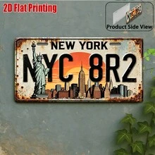 2D Flat Print, 1pc, Vintage Sign, Outdoor Plaque & Wall Decor. Aluminum Sign With New York Skyline & Statue Of Liberty Design, Suitable For Living Room, Office, Bar, Vintage Decor (Random Style) - A - View 7