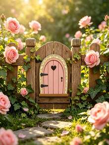 Pink Fairy Garden Door (2D), Realistic Mini Door, Suitable For Garden Decor, Miniature House Dollhouse, Desktop Decoration, Self-Adhesive, Small Wooden Door, Tree Trunk Flower Pot, Charming Fairy Tale Accessory, Waterproof, Suitable For Outdoor Use, Housewarming Gift - Garden Gate - View 2