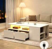Coffee Table / Modern High-Gloss Coffee Table With LED Lighting / Elegant Table With Drawer And 50 Kg Load Capacity / With Storage Shelf For Living Room, 100x50x40.3 Cm - White3 - View 11