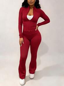 Spring/Autumn Best-Selling Women's 2 Pieces Set, Fashion Slim Fit Solid Color Zip-Up Jacket & Long Pants, Lightweight Polyester Fitness Yoga Fabric - Red 59 - View 2