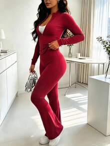 Spring/Autumn Best-Selling Women's 2 Pieces Set, Fashion Slim Fit Solid Color Zip-Up Jacket & Long Pants, Lightweight Polyester Fitness Yoga Fabric - Red 59 - View 6