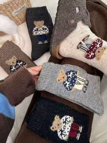 5 Pairs Women's Winter Mid-Calf Socks - Comfortable And Warm, Featuring Teddy Bear And Mushroom Patterns, Machine Washable, Available In Brown/Grey/Black, Suitable For Casual And Formal Occasions, Designed With Cute Animal Patterns, Fluffy And Warm Material, Essential For Sock Lovers, Set Includes 10 Pairs (2 Pairs In Christmas Gift Box) - Multicolor - View 1