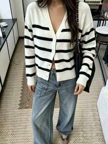 Autumn/Winter New Button-Up Striped Cardigan For Women, Fashionable High-End Minimalist Casual Versatile Loose Fit Elegant Long Sleeve V-Neck Sweater - White - View 7