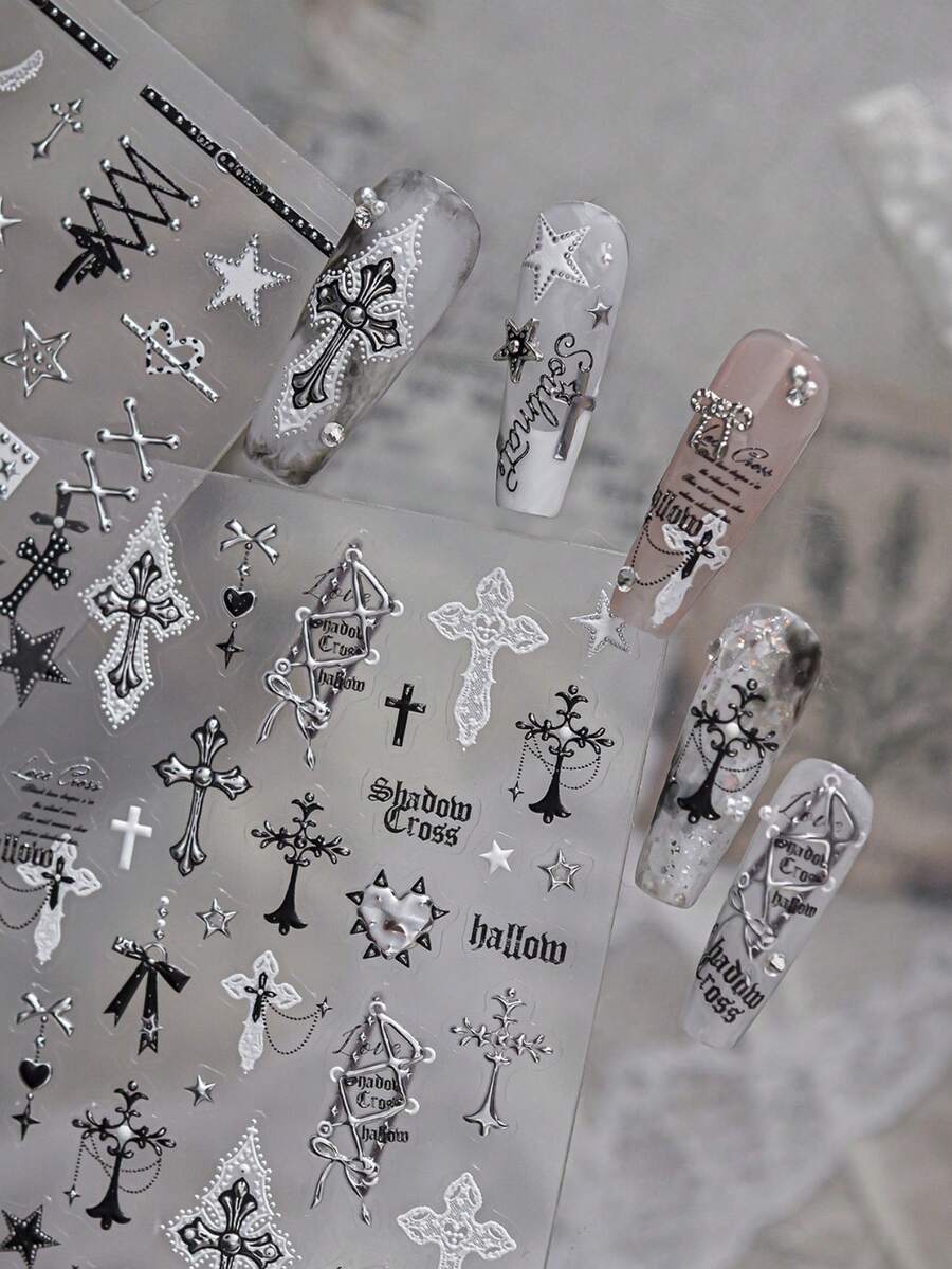 1pc Metal Nail Art Sticker, New DIY Dark Style Hot Girl Nail Decal With Lace Cross Decoration - Multicolor - View 1