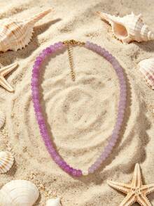 1pc European & American Bohemian Round Flat Geometric Natural Stone Cracked Effect Mixed Color Beaded Short Necklace With Freshwater Pearl And Stainless Steel Accessories, Summer Beach Vacation Wear - Stone Bead Stainless Steel Necklace - View 13
