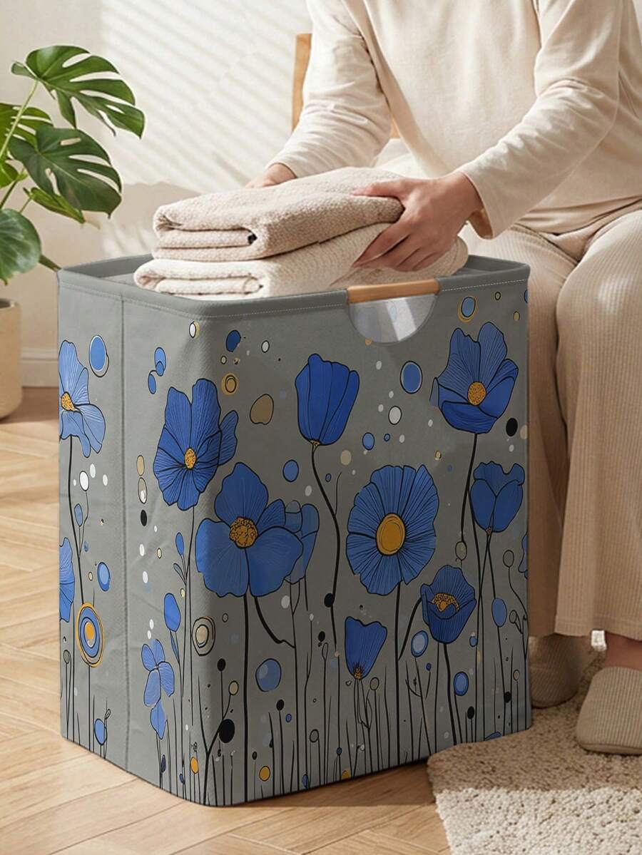 1pc Storage Basket, Laundry Hamper, Washing Basket, Storage Bin, Floral Print Design, Foldable Multi-Purpose Basket With Wooden Handles, Suitable For Daily Clothing Storage And Organization - Multicolor - View 1