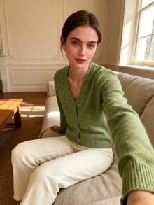 15% Wool Sweater, Women's Solid Color Minimalist Loose Knit Cardigan, Button Round Neck Versatile Sweater, Suitable For Daily Commute, Street Style Outfit - Green - View 7
