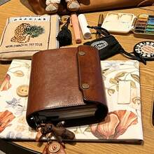 Vintage Dark Brown Triple Fold M5 5-Hole Loose-Leaf Binder Cover, Multi Pocket PU Leather Journal Planner With Refillable Inner Pages, Learning Supplies, Back To School Supplies, Portable Mini Hand Account Notebook For Students - A - View 4