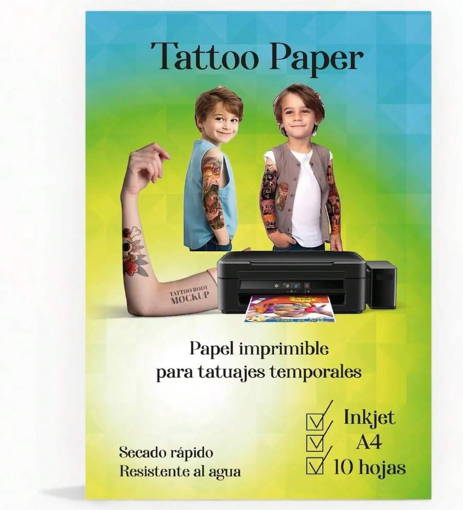 Papel para Tatuajes Temporales, A4, 10 Hojas, Compatible con Impresoras de Inyección de Tinta, Resistente al Agua - 1 - Ver 1