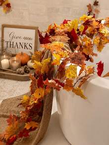 1pc Autumn Maple Leaf Wreath, Artificial Autumn Leaf Garland, Suitable For Thanksgiving, Home, Wedding, Fireplace, Party, Halloween Decoration, Christmas Decoration - Autumn Colors - View 7