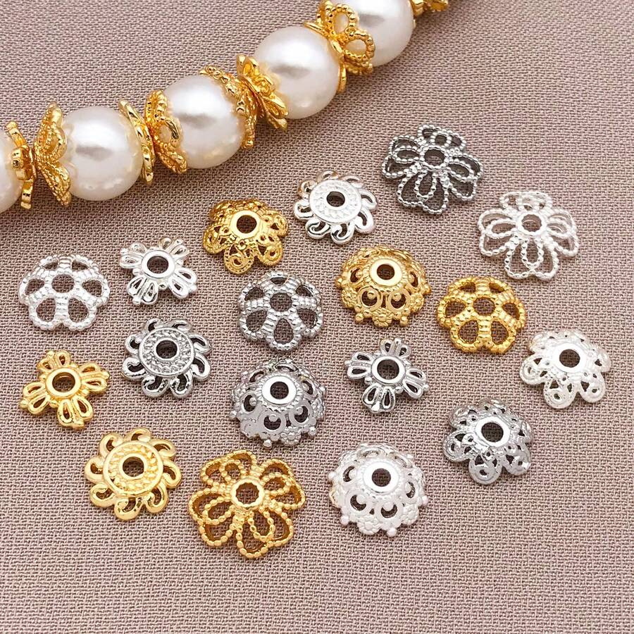 6pcs 18K Gold Silver Plated Filigree Flower Bead Caps Floral Petal Spacer End Caps For DIY Pearl Bracelet Necklace Jewelry Making Findings