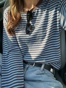 Women Blue Brown Striped Drop Shoulder Long Sleeve Crew Neck T‑Shirt, Casual Basic Loose Tops For Daily Going‑Out Fall Street Vacation Outfits - Blue-brown - View 7