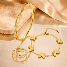 3pcs 18K Gold Plated Jewelry Set, Rhinestone Criss Cross Bangle Ring & Textured Butterfly Bracelet, Versatile Daily Wear - Gold - View 1