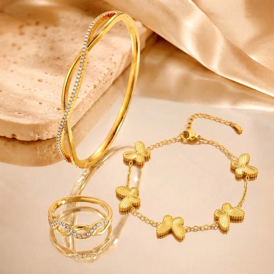 3pcs 18K Gold Plated Jewelry Set, Rhinestone Criss Cross Bangle Ring & Textured Butterfly Bracelet, Versatile Daily Wear - Gold - View 1