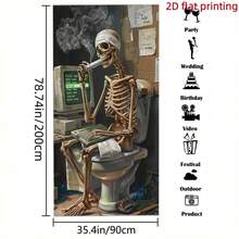 2D Flat Banner 1pc Funny Skull Halloween Decoration Hanging Cloth, Smoking Skull Operating Computer Creative Print Background Fabric, Suitable For Halloween Party Horror Atmosphere Decoration, Bar Personalized Wall Tapestry, Indoor Funny Photo Backdrop, Polyester Material - A - View 7