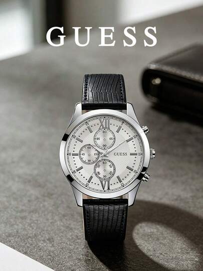 GUESS Male Triple Sub-Dials Tachymeter Bezel Textured Band Formal Business Casual Dress Wrist Watch W0876G4