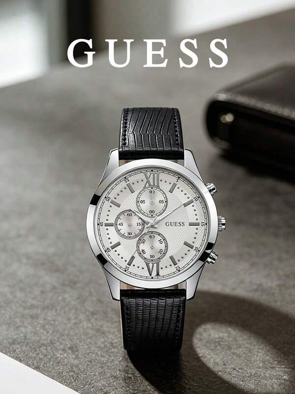 GUESS Male Triple Sub-Dials Tachymeter Bezel Textured Band Formal Business Casual Dress Wrist Watch W0876G4