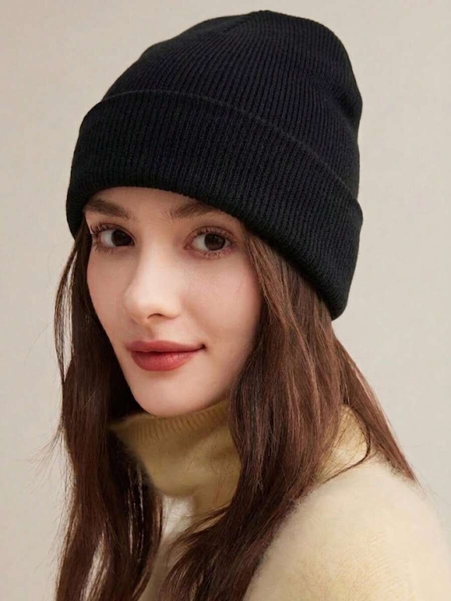 1pc Solid Color Unisex Faux Wool Knit Hat, Minimalist Fashion Warm Large Head Circumference Beanie With Ear Flaps, Windproof Cold Weather Hat, Suitable For Autumn/Winter Daily Wear, Outdoor, Holiday Gift - A - View 1