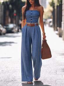 2-Piece Autumn Design Set, Including A Sleeveless Top With Ruffle Front And Black Buttons, And Wide-Leg Pants. Luxurious 2-Piece Elegant Outfit - Blue - View 8