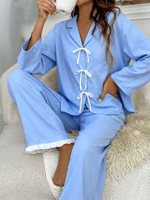 Nina Bonheur 2pcs/Set Women's Loose Comfortable Breathable Long Sleeve Top + Long Pants Cute Pajama Set - Blue - View 4