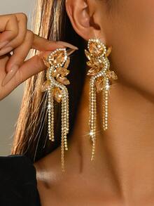 1 Pair Fashion Evening Dangle Earrings, Water Drop Dual-Color Rhinestone Tassel Earrings, Suitable For Women's Formal Occasions, Halloween And Christmas Gifts - Champagne - View 6