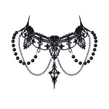 Vintage Lolita Lace Choker, Black Bead Multi-Layer Chain Gothic Cross Pendant Necklace - Multicolor - View 7