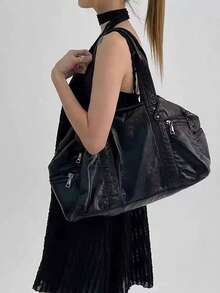 Nicekee Retro And Motorcycle Style Tote Bag, Versatile And Simple Solid Color Handbag, Large Capacity Multifunctional Fashionable Shoulder Bag - Black - View 2