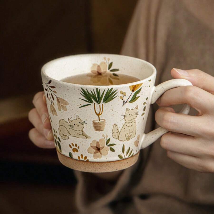 1pc Cartoon Cat Milk Tea Coffee Mug, Ceramic Breakfast Cup 435ml - Multicolor - View 1