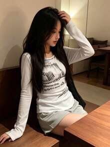 Korean Style Distressed Butterfly Print Slim Fit Long Sleeve Base Layer Top For Women Casual White - White - View 7