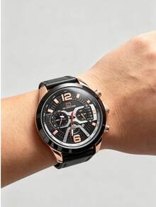 1pc Casual Men's Business Leather Strap Mechanical Watch, Calendar Men's Leather Strap Sports Watch - Gold - View 10