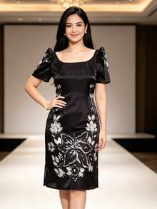 Modern Attire 女款優雅蝴蝶袖印花短袖洋裝 - 黑色 - 查看 5