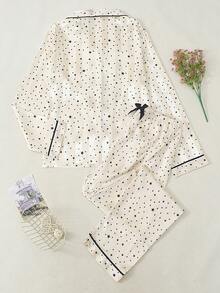 Set Piyama Wanita Motif Bintang Satin Jacquard Lengan Panjang dan Celana Panjang - Aprikot - View 7
