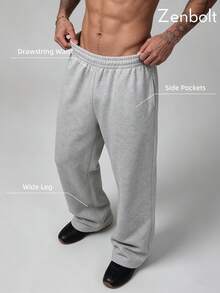 Zenbolt Minimalist Wide Leg Jogger Trousers, Elastic Drawstring Waist, Simple Side Pockets,Soft Draped Fabric, Loose Silhouette For Daily Looks - Grey - View 1