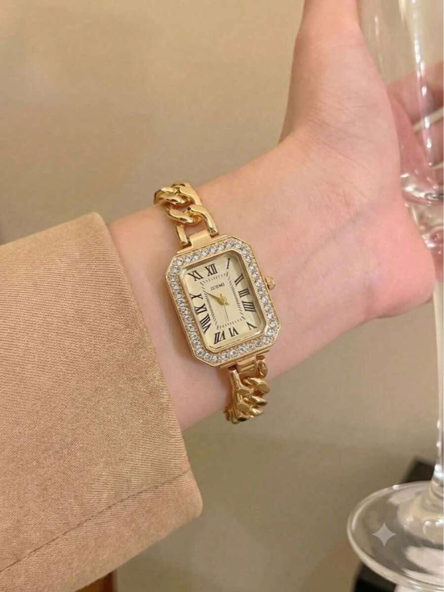 復古羅馬數字水鑽方形錶盤女款手錶,粗金鋼鍊錶帶奢華腕錶,Ins小眾優雅方形石英錶,通勤約會百搭高端女士裝飾手錶禮品配件,溫柔優雅日常通勤腕錶,女孩假期平價禮物石英錶 1件/套 - 金色 - 查看 1